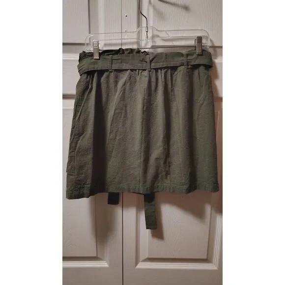 Hesperus Olive Green Button-Front Paperbag Mini Skirt Large - Picture 2 of 5